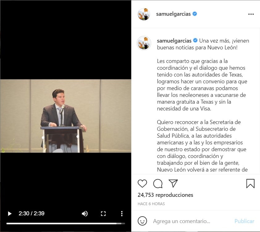 Publicación de Samuel García en Instagram