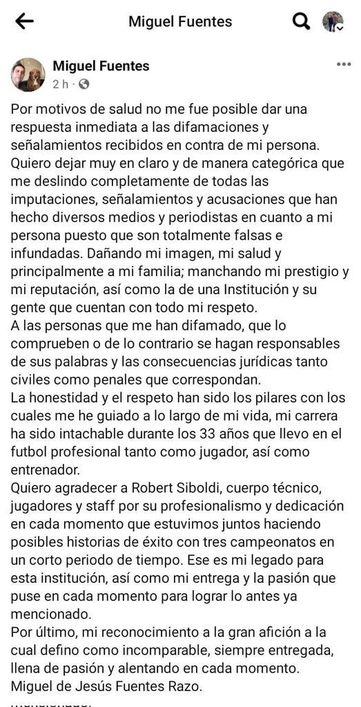 Miguel Fuentes comunicado