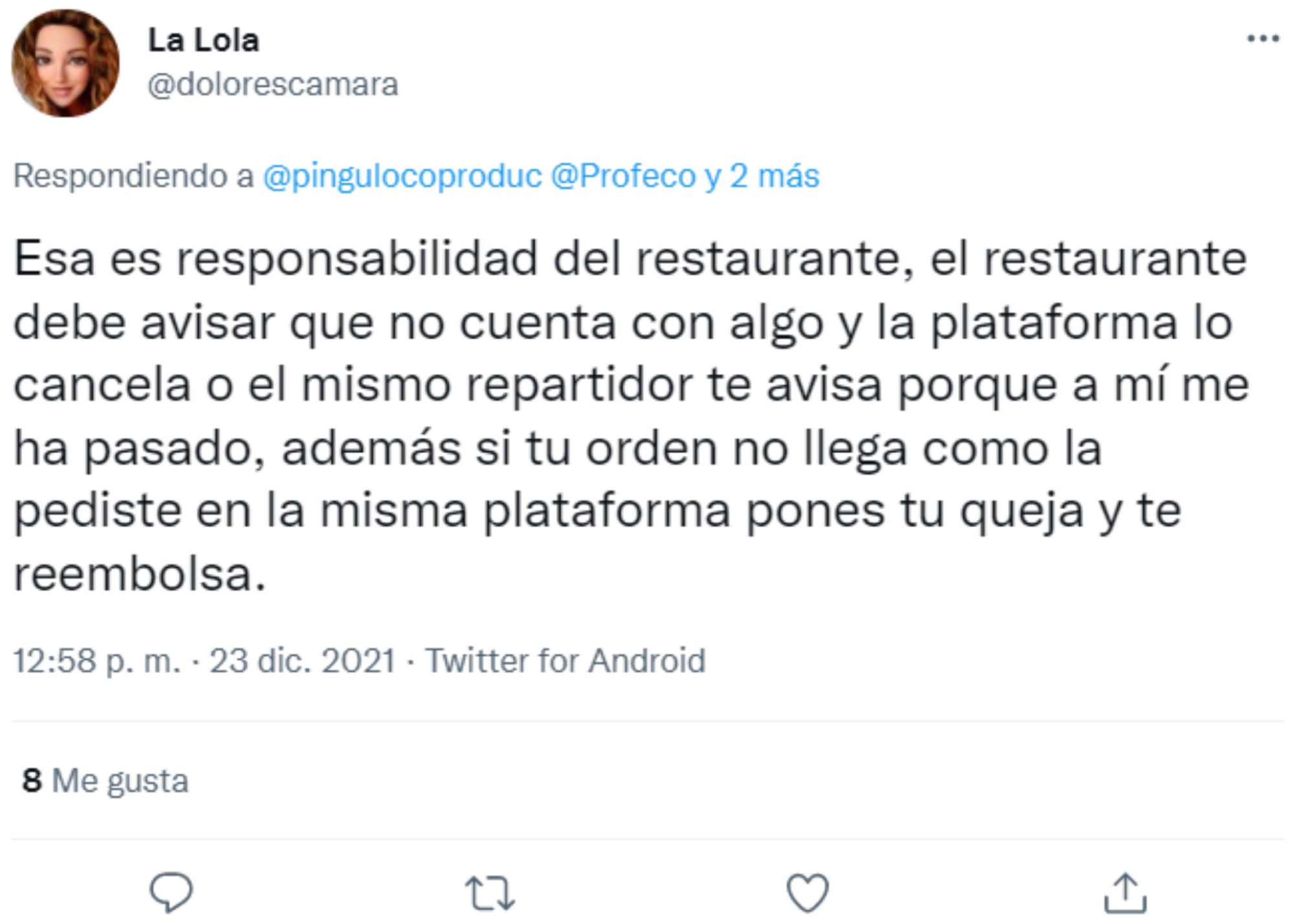 Respuesta de Tuit de queja de usuario que recibió una pasta quemada