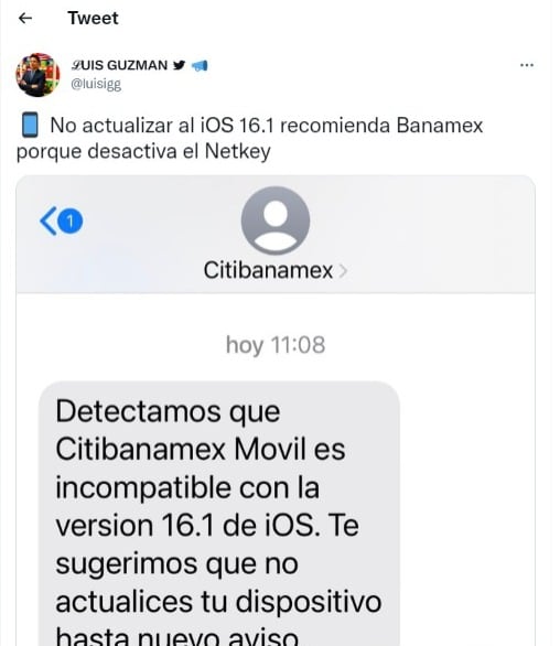 Fallas de la app Citibanamex con iOS 16.1