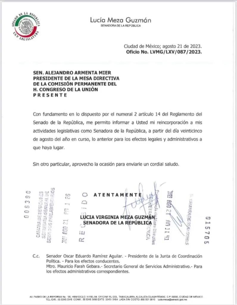 Lucía Meza Guzmán, senadora de la Republica por el estado de Morelos se baja de la candidatura de Morena por el estado