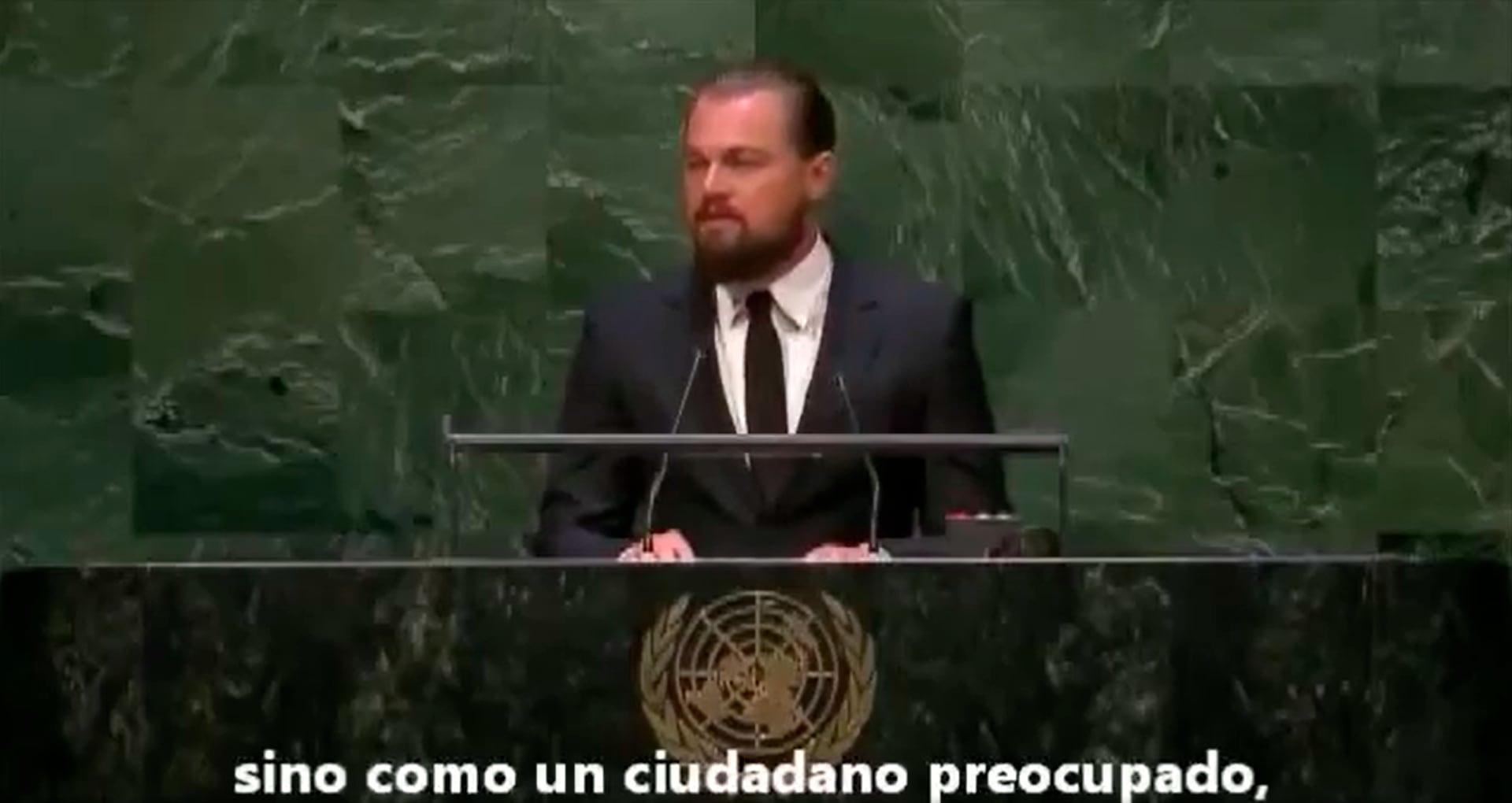 Captura de Video del discurso de Leonardo DiCaprio ante la asamblea de la ONU acerca del Cambio climático en 2015