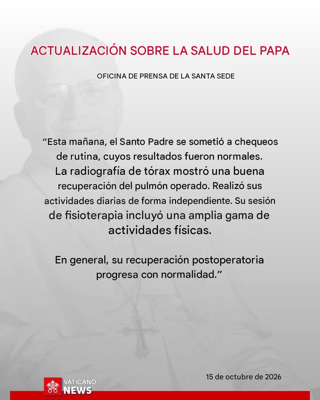 El Vaticano informa sobre la salud del papa León XIV (traducida).