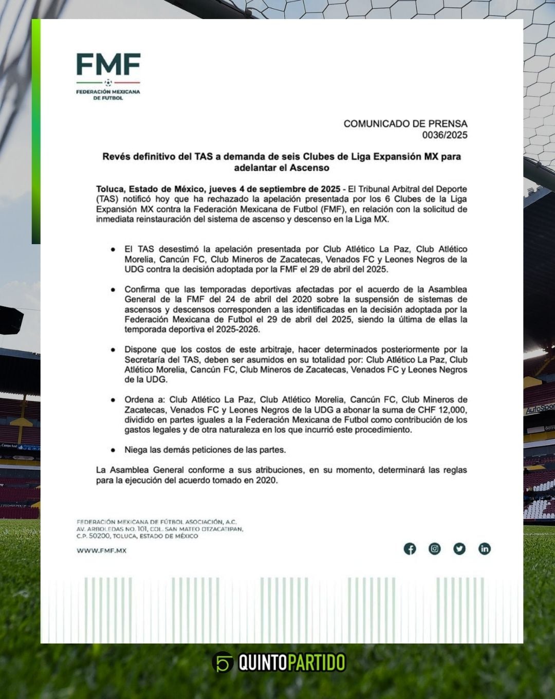 Comunicado de la Federación Mexicana de Futbol.