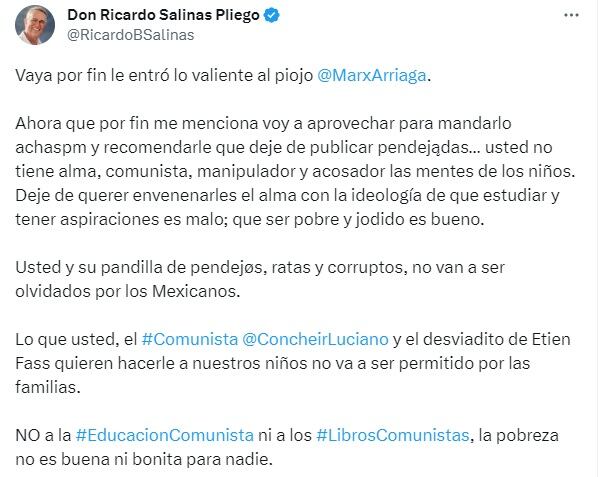 Ricardo Salinas Pliego le responde a Marx Arriaga
