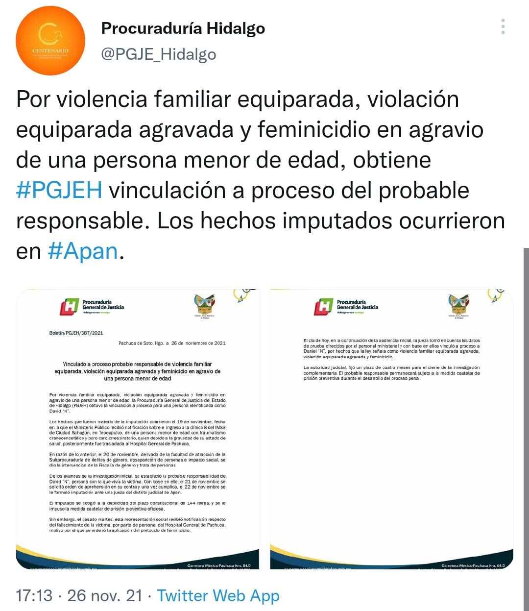 Comunicado de la Procuraduría de Hidalgo sobre feminicidio de Gissela