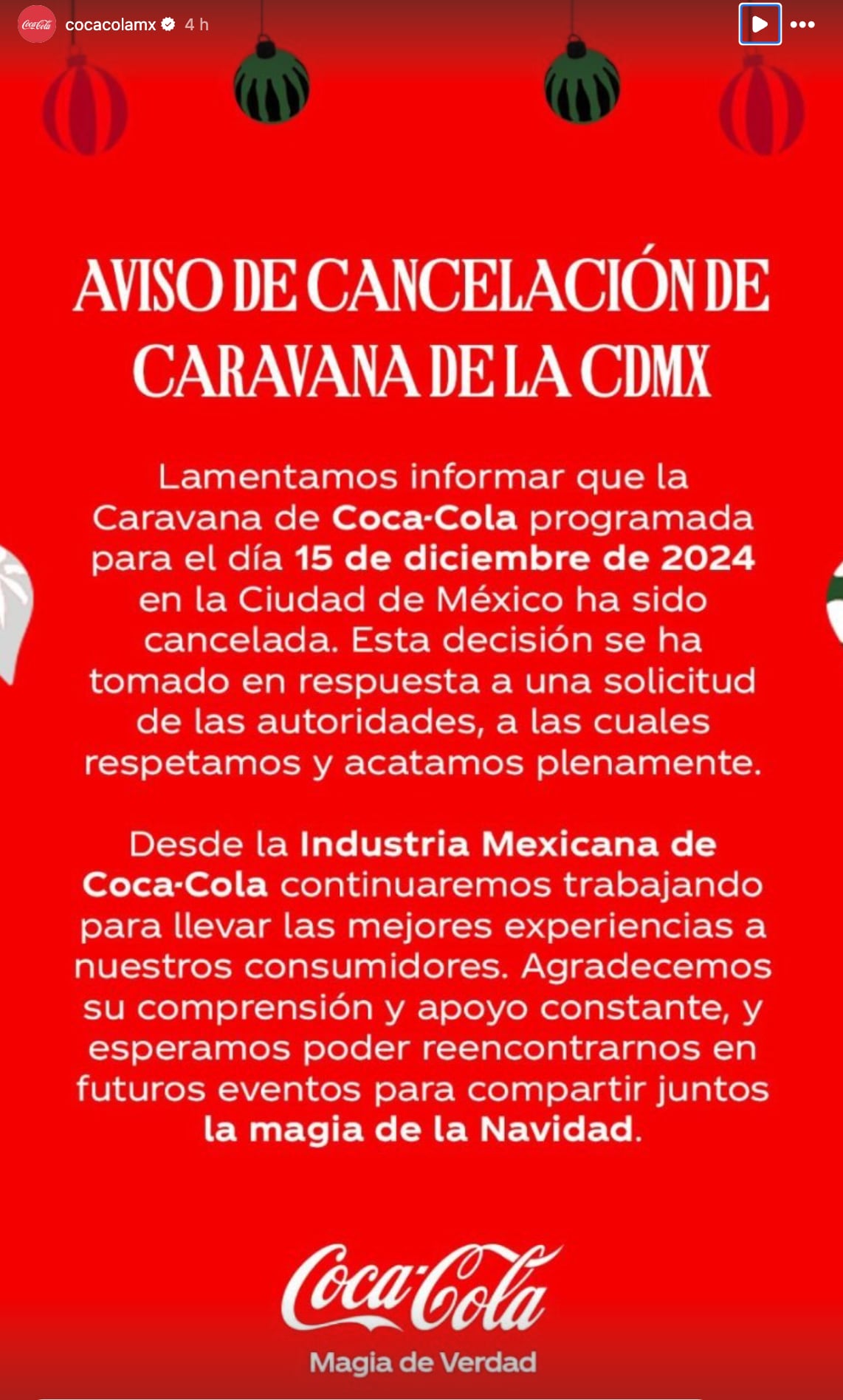 Coca-Cola México anunció la cancelación de la Caravana Navideña 2024 en CDMX