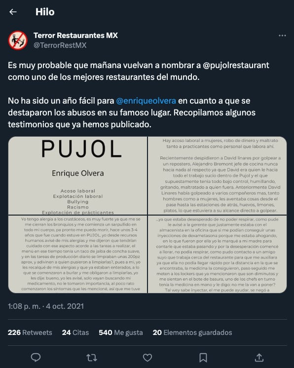 Otro restaurante con historial de acoso entro a la lista de los mejores del mundo