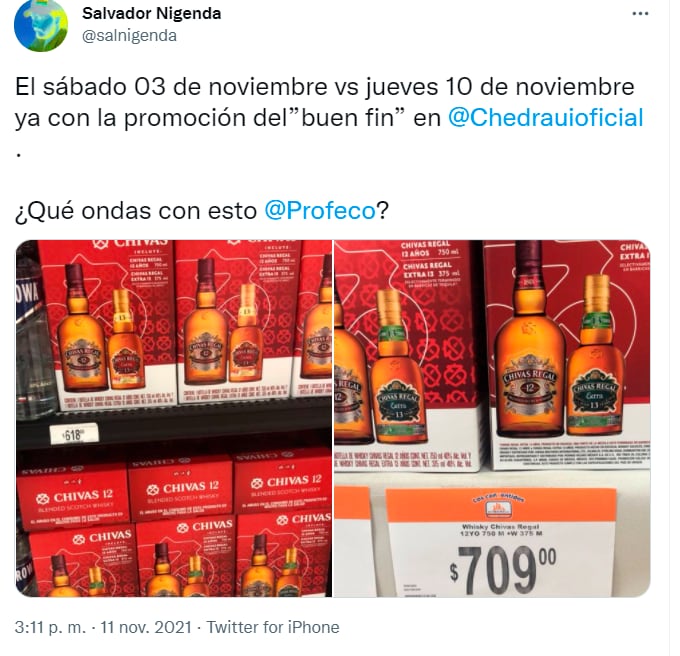 Tuit de denuncia de precios entre un Chivas Regal/ @salnigenda