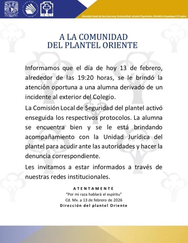 CCH Oriente sobre ataque a alumna en sus inmediaciones