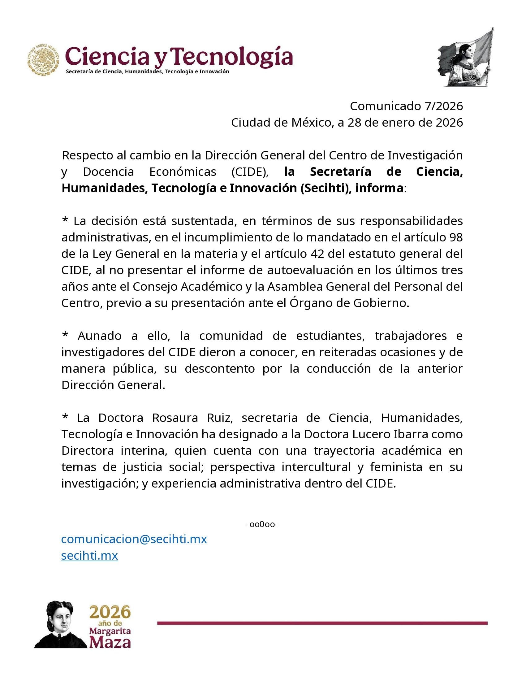 CIDE explica su nuevo nombramiento en la Dirección General