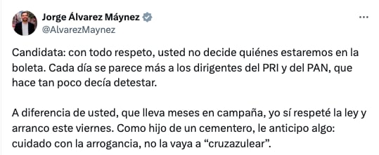 Jorge Álvarez Máynez reclama a Xóchitl Gálvez