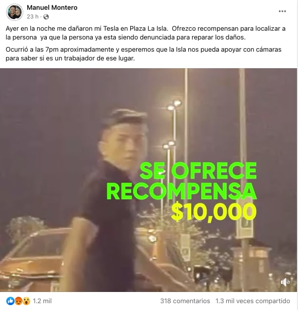 Ofrecen recompensa para dar con hombre que rayó un Tesla en Mérida