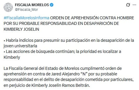 Fiscalía informa la detención de sospechoso en Morelos por desaparición de Kimberly Joselyn.