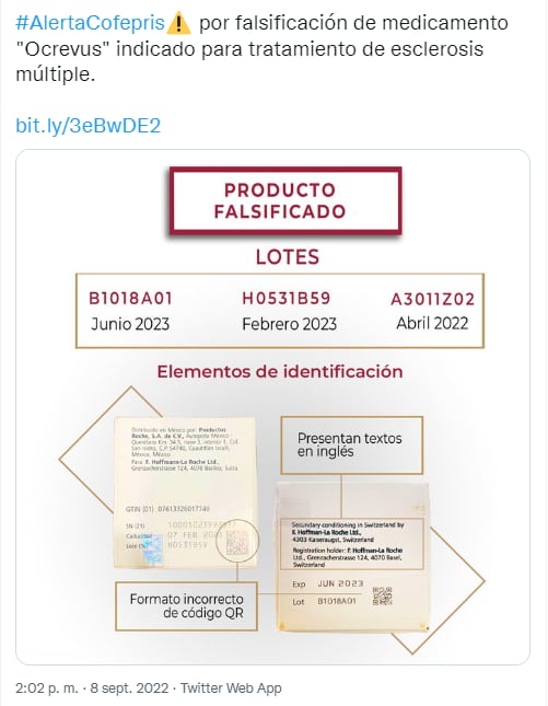 Cofepris alerta por falsificación de medicamento contra la esclerosis