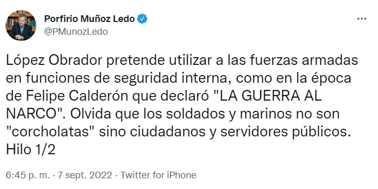Porfirio Muñoz Ledo dijo que AMLO quiere usar las fuerzas armadas como Felipe Calderón en la guerra contra el narco.