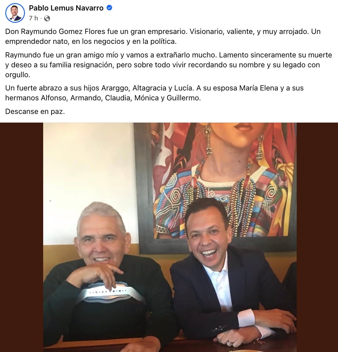 Pablo Lemus lamenta muerte de Raymundo Gómez Flores