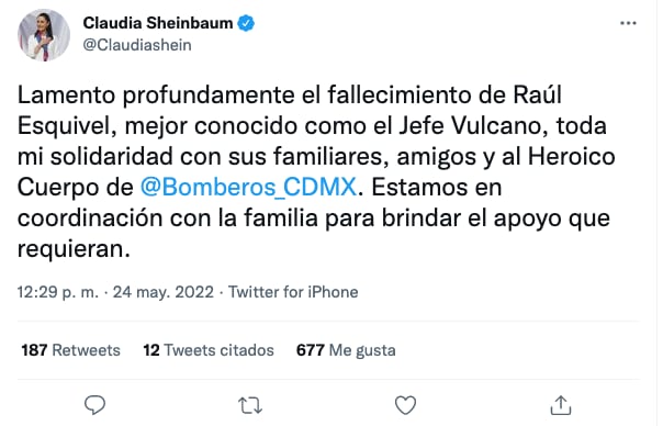 Claudia Sheinbaum se pronuncia por muerte de Jefe Vulcano