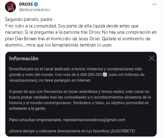 Dross justifica su tweet sobre el asesinato de le magistrade Ociel Baena.
