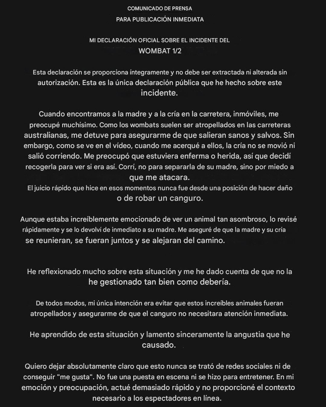 Comunicado de Sam Jones por el wombat.