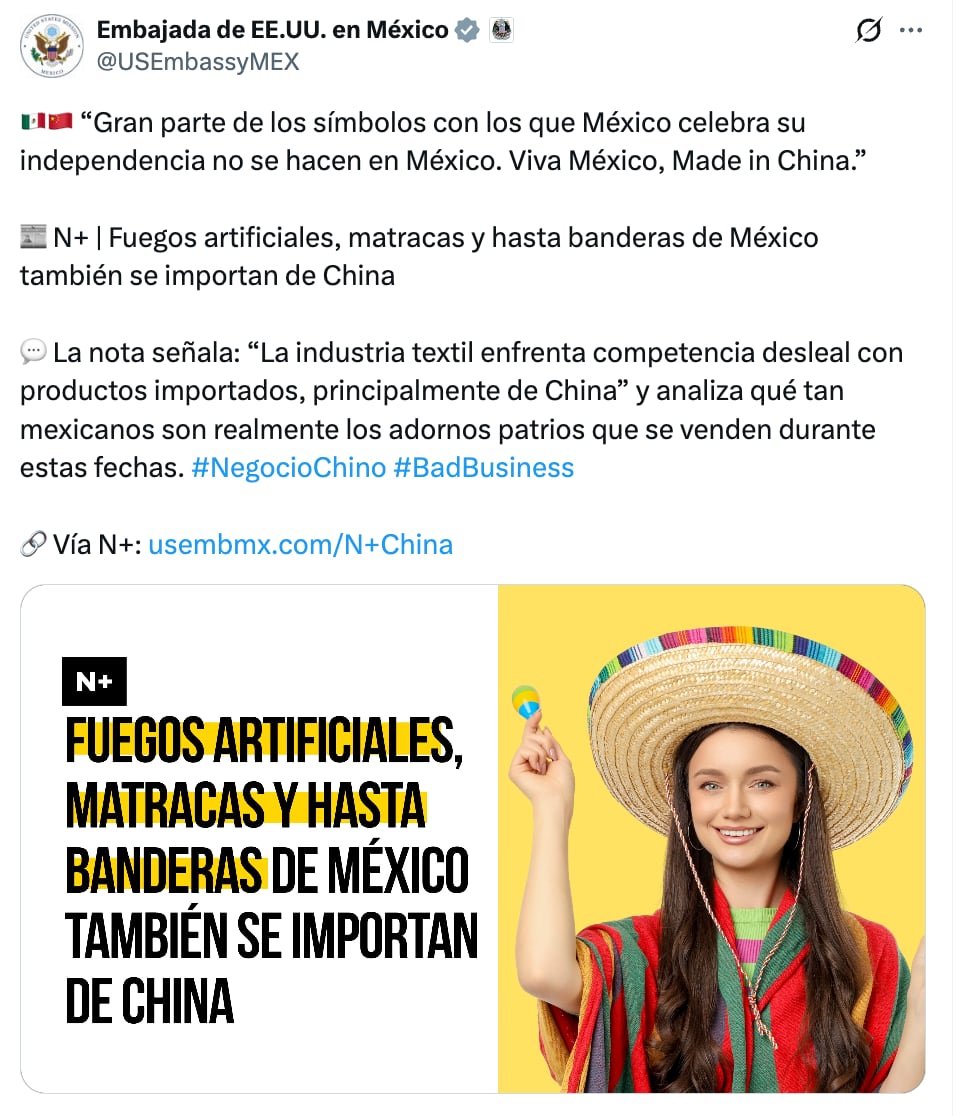 Embajada de Estados Unidos en México difunde nota periodística