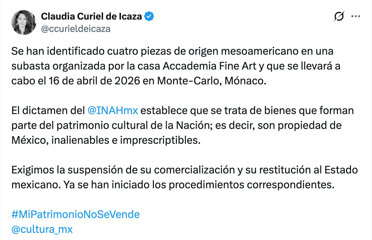 Secretaría de Cultura pide repatriar piezas mesoamericanas que serían subastadas en Mónaco
