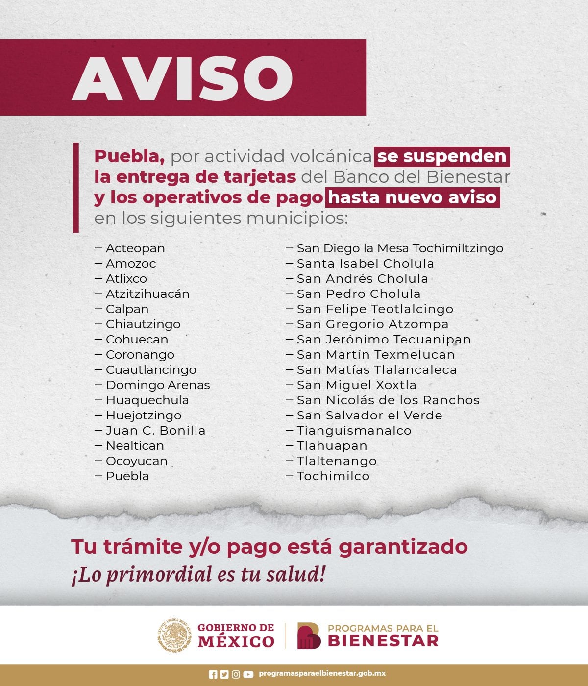 PENSIÓN BIENESTAR SE SUSPENDE EN PUEBLA POR VOLCÁN POPOCATÉPETL