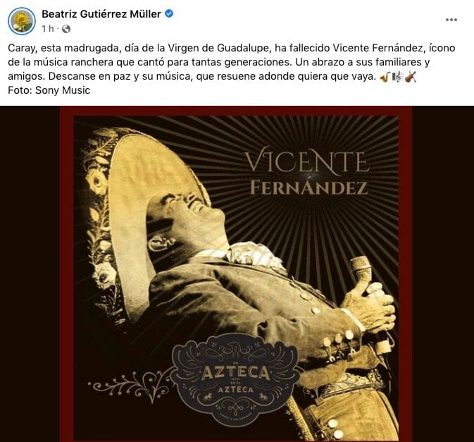 Tuit de condolencias por muerte de Vicente Fernández