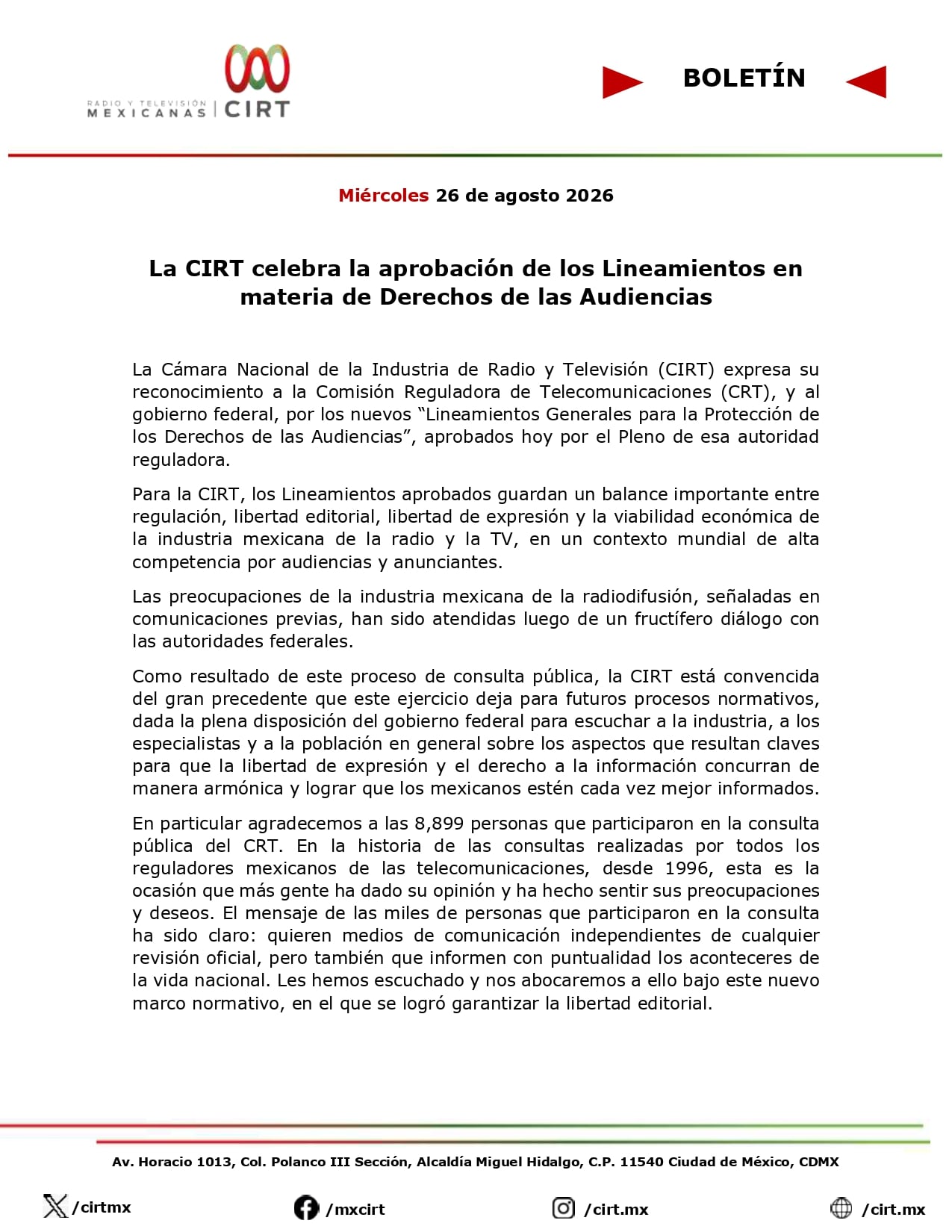 CIRT respalda nuevos lineamientos de derechos de las audiencias