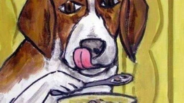'El perro comiendo cereal con cuchara'