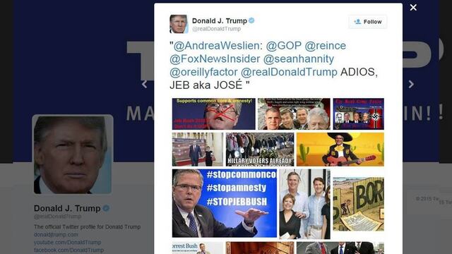 El magnate de las bienes raíces "retuiteó" un montaje que muestra a Jeb Bush, quién está casado con una mujer mexicana, vestido como mariachi y otra en donde aparece junto a la bandera nazi.