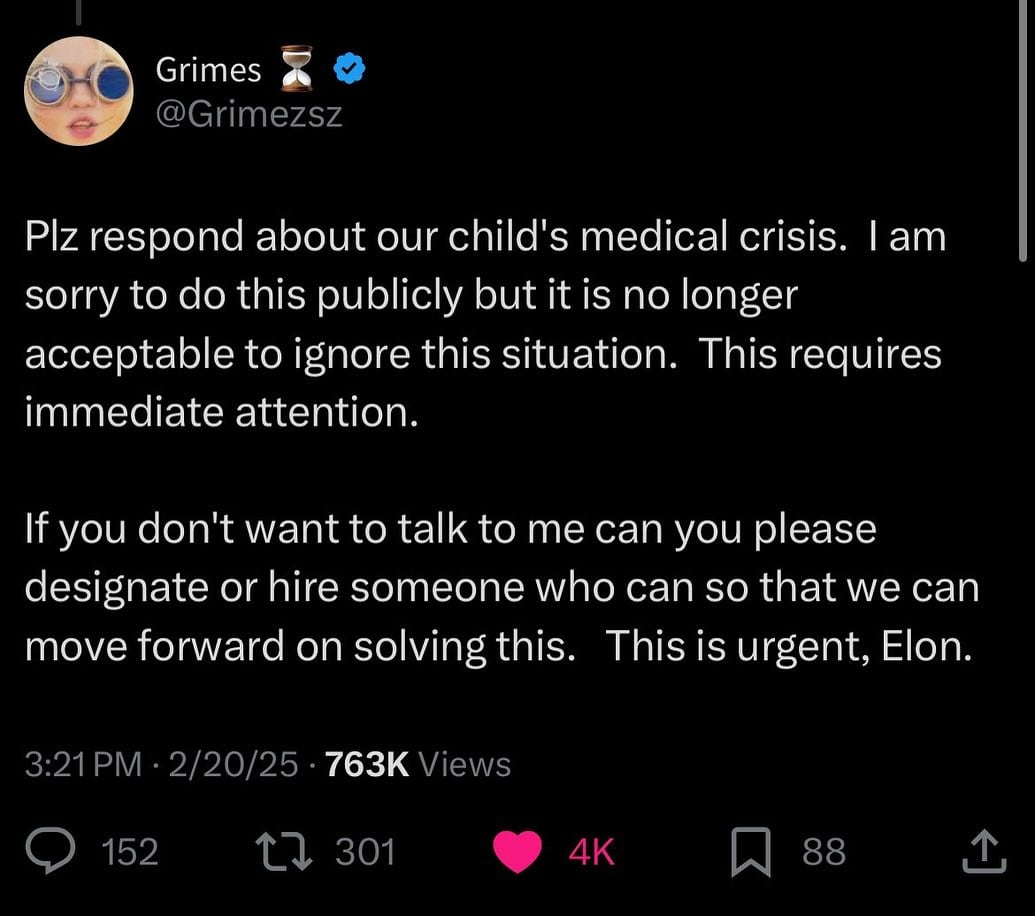Grimes echa de cabeza a Elon Musk por no ayudarle en los gastos médicos de su hijo