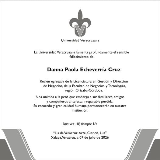 Universidad Veracruzana lamenta la muerte de Danna Paola Echeverría, una de sus estudiantes en un accidente
