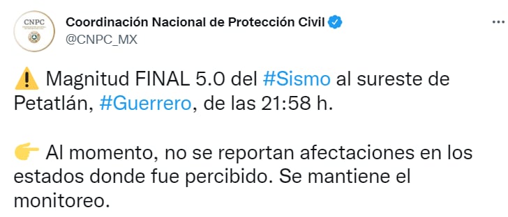 Magnitud final de sismo de Petatlán, Guerrero; fue de 5.0 grados en la escala de Ritcher