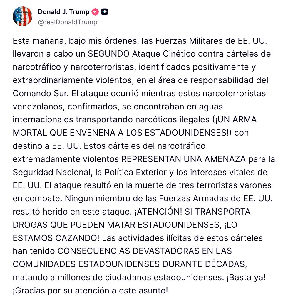 El mensaje de Donald Trump sobre el nuevo ataque de Estados Unidos contra barco de Venezuela