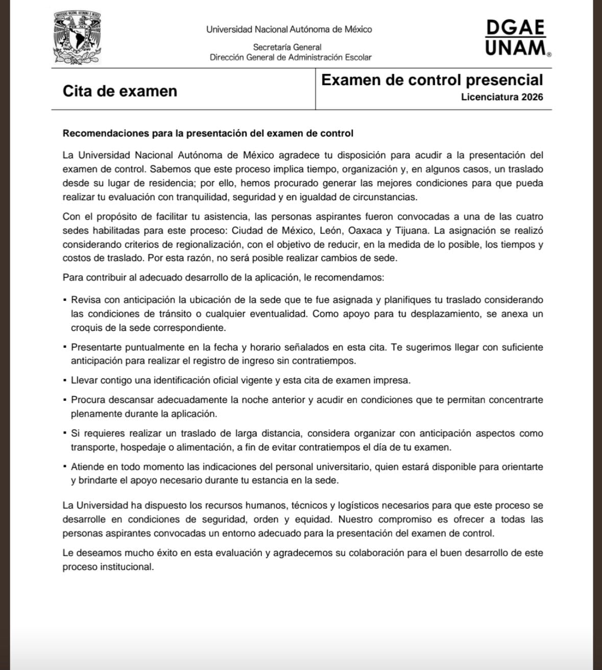 UNAM responde a aspirantes: No hay cambios de sede para el examen de control