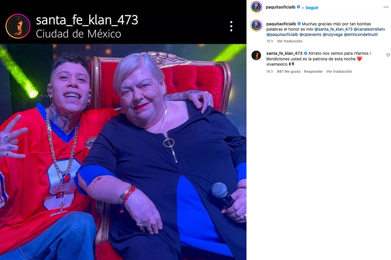 Santa Fe Klan y Paquita la del Barrio se muestran admiración en Instagram.