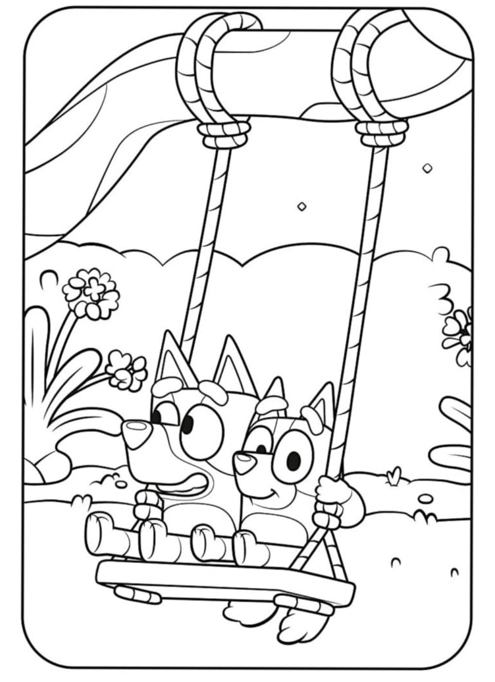 Bluey en el columpio con Bingo en primavera