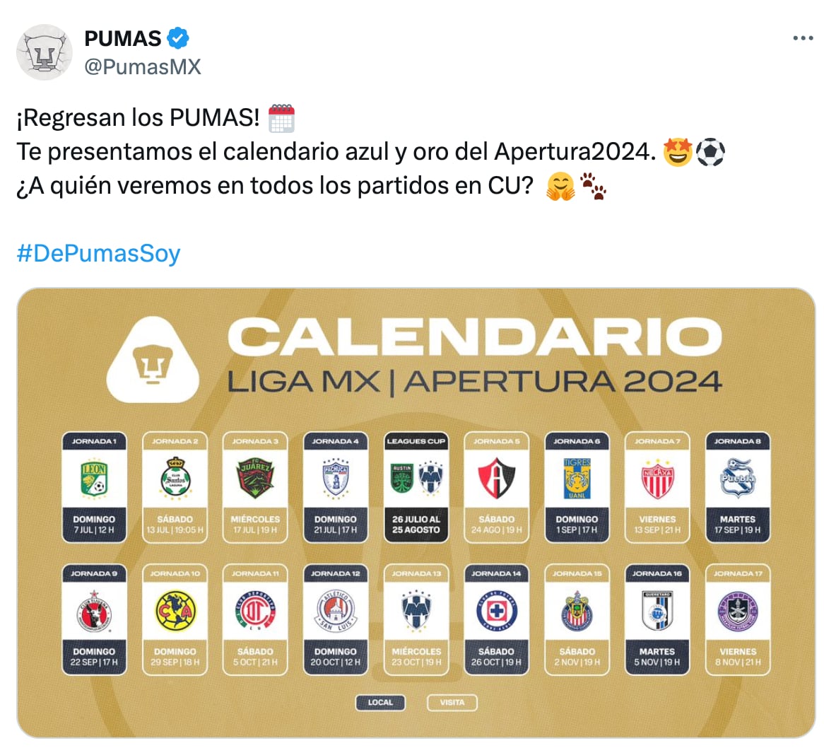 Calendario de Pumas en el Apertura 2024