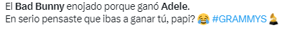 Usuarios se burlan de la reacción de Bad Bunny al premio de Adele.