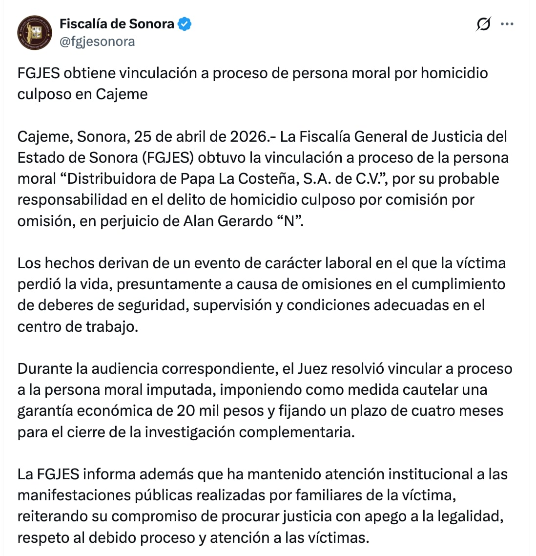 Comunicado de la Fiscalía de Sonora tras la muerte de un trabajador en la Distribuidora de papa La Costeña