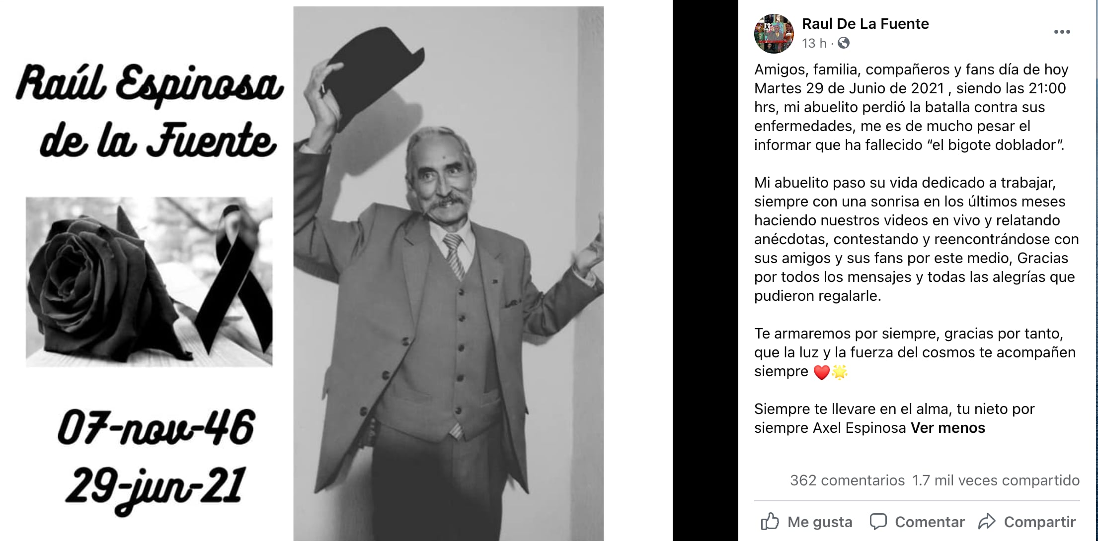 Comunicado de la muerte de Raúl de la Fuente