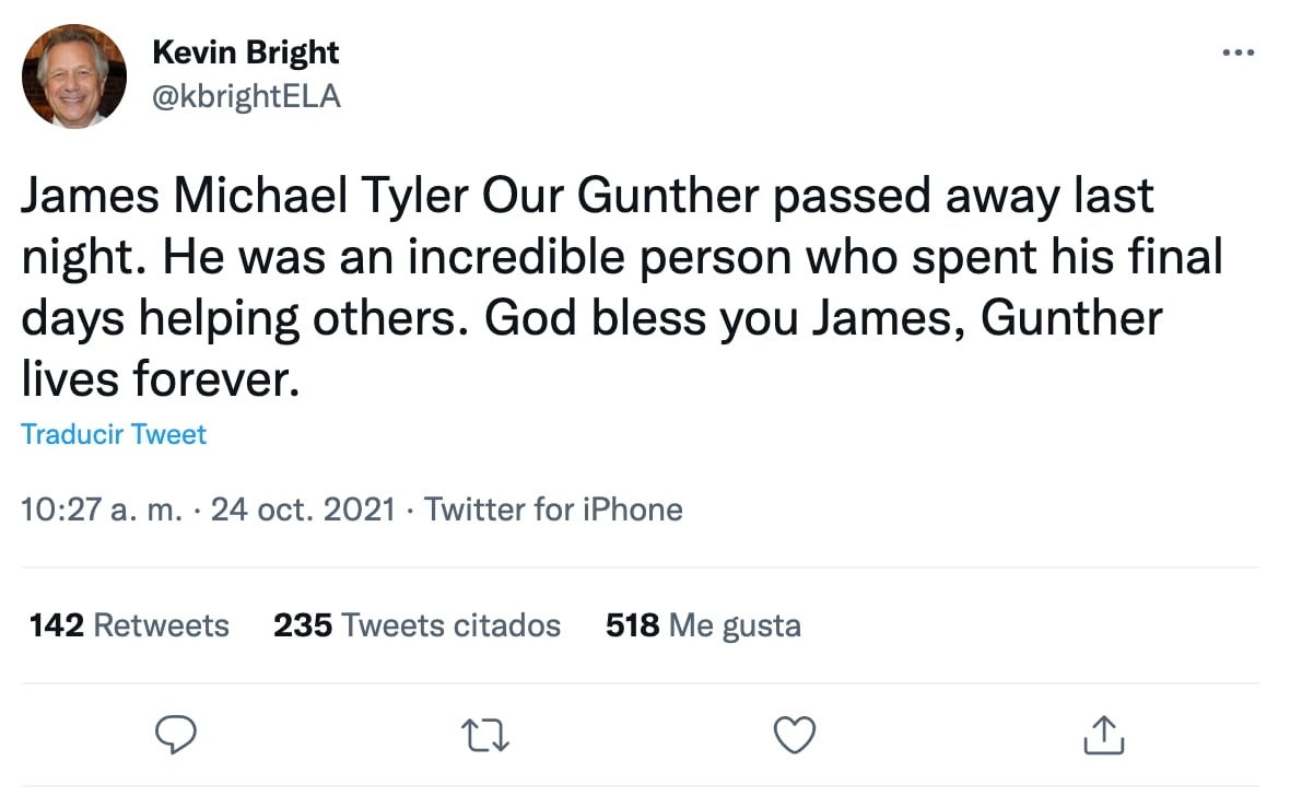 Kevin Bright, productor y director de 'Friends' anunció la muerte de James Michael Tyler, mejor conocido por interpretar a Gunther
