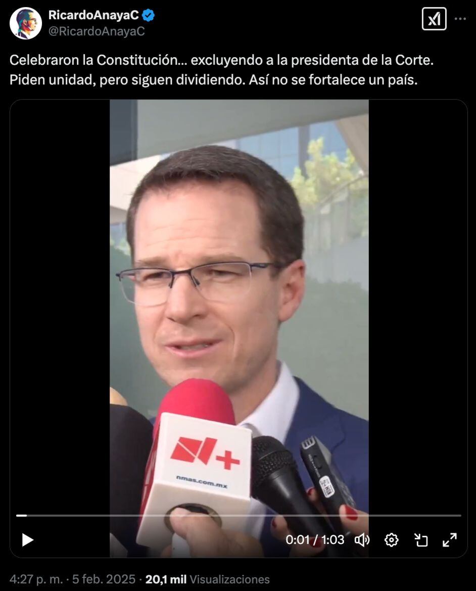 Ricardo Anaya lamenta la exclusión de Norma Piña en la celebración de la Constitución.