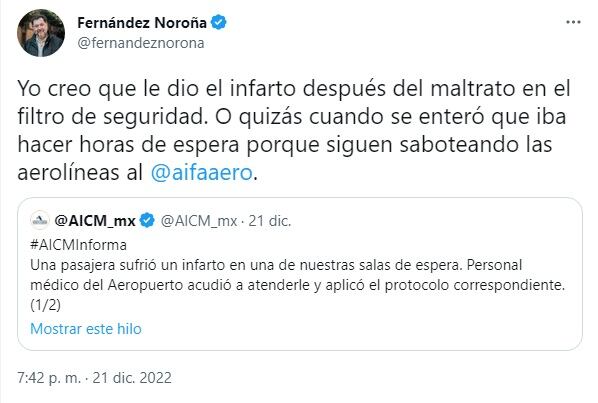 Gerardo Fernández Noroña ironizó lo ocurrido con una mujer en el AICM