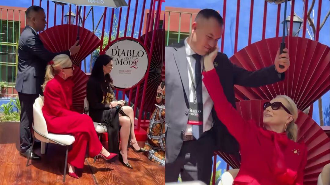 Meryl Streep da beso de agradecimiento a trabajador que la protegió del sol en CDMX