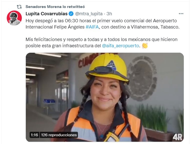Tuit de la senadora Lupita Covarrubias