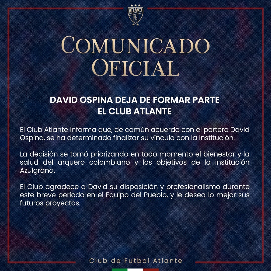 Comunicado del Atlante sobre salida de Davis Ospina