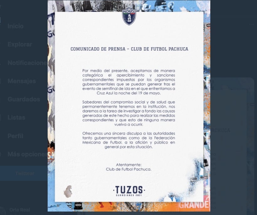 Pachuca pidió disculpas por lo ocurrido en el partido ante Cruz Azul