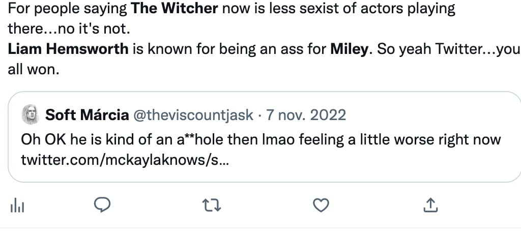 Usuarios aseguran que no verán The Witcher con Liam Hemsworth por la situación de Miley Cyrus